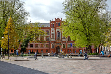 Universitätsplatz (Unihauptgebäude, Brunnen der Lebensfreude, alte Fassaden)